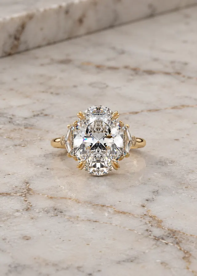 Oval Lab Grown Diamond Engagement Ring Three Stone Cadillac 14K Yellow Gold IGI Certified