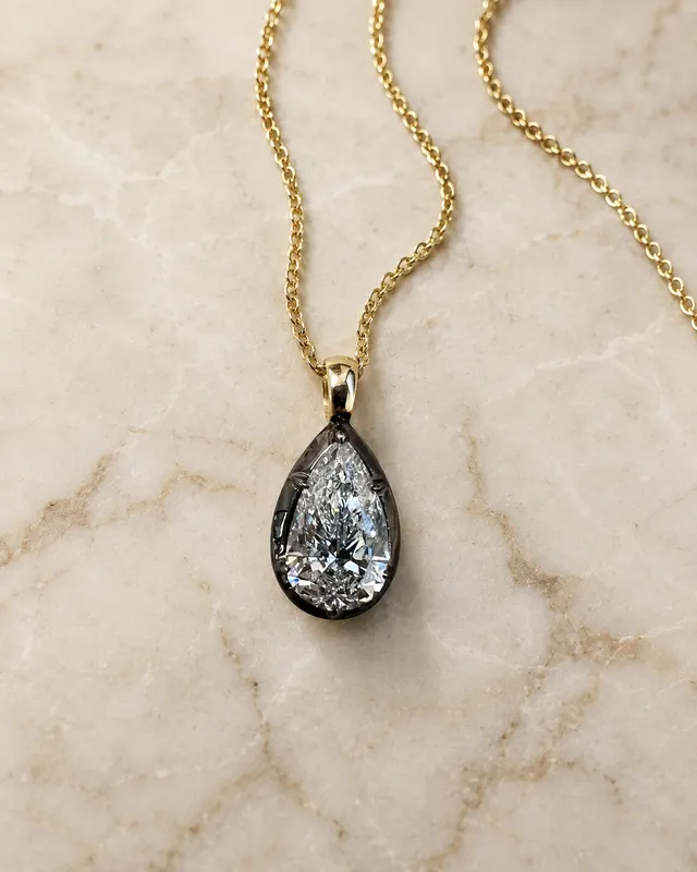Pear Lab Grown Diamond Pendant Necklace Black Rhodium Bezel 14K Yellow Gold 4 Carat Charm