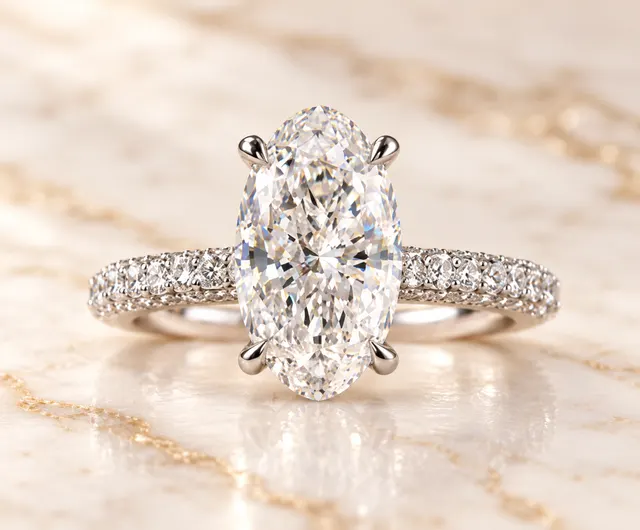 Moval Lab Grown Diamond Engagement Ring Pave Band 14K White Gold IGI Certified Solitaire