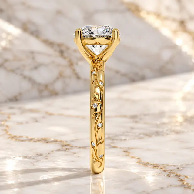Round Lab-Grown Diamond Engagement Ring, 18K Yellow Gold, Nature-Inspired Engraved Band - alternate view
