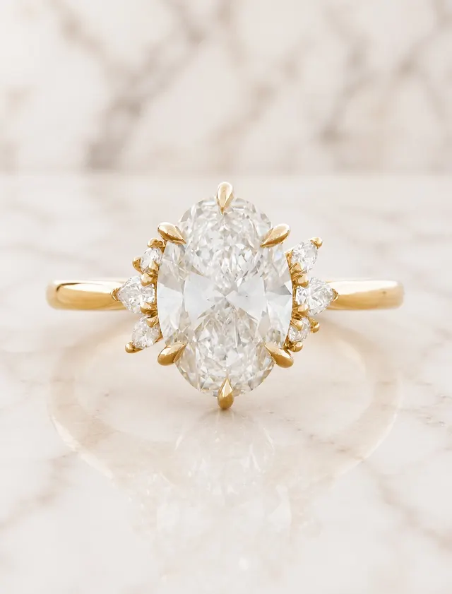 Oval Lab Grown Diamond Engagement Ring Cluster Pear Accent 14K Yellow Gold IGI Certified E VVS2