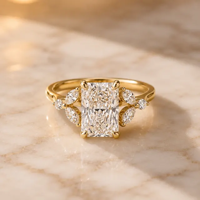 Radiant Lab Grown Diamond Engagement Ring Cluster Marquise 14K Yellow Gold IGI Certified 2.22 Carat E VVS2