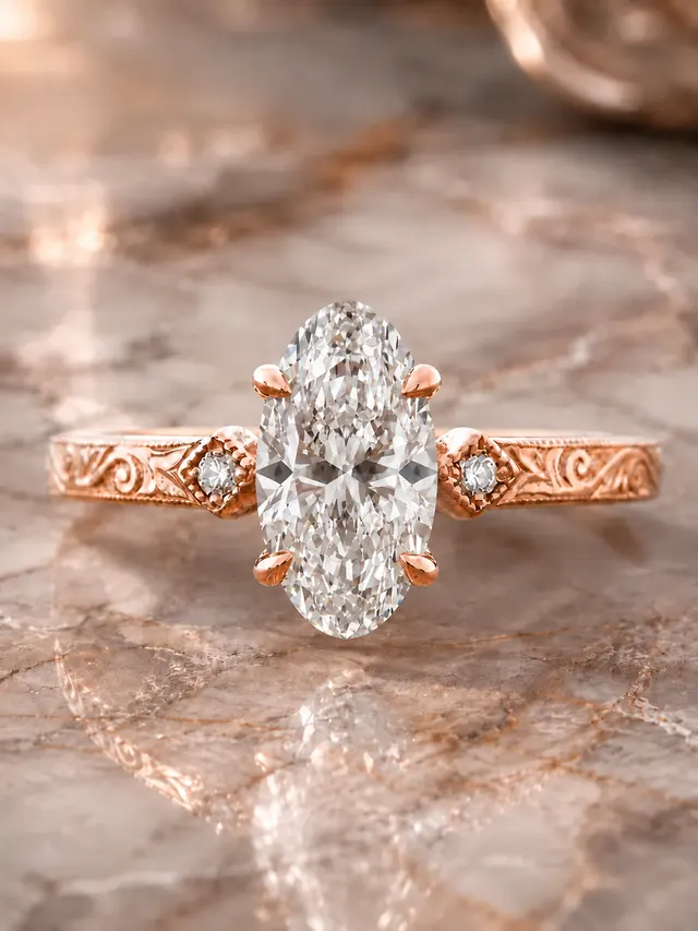 Moval Lab-Grown Diamond Engagement Ring: 14K Rose Gold, Hand-Engraved Vintage Style (IGI Certified)