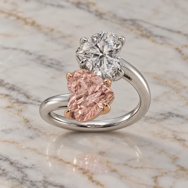 Toi et Moi Lab Grown Diamond Engagement Ring Fancy Pink & White Heart Bypass 14K Two Tone Gold IGI Certified