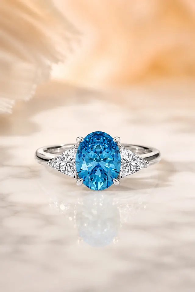 Fancy Blue Oval Lab Grown Diamond Engagement Ring Three Stone Trillion 14K White Gold IGI Certified 3 Carat