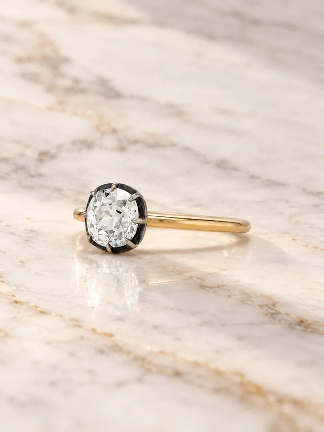 Old Mine Cushion Cut Diamond Engagement Ring Blackened Bezel 18K Yellow Gold IGI Certified - alternate view