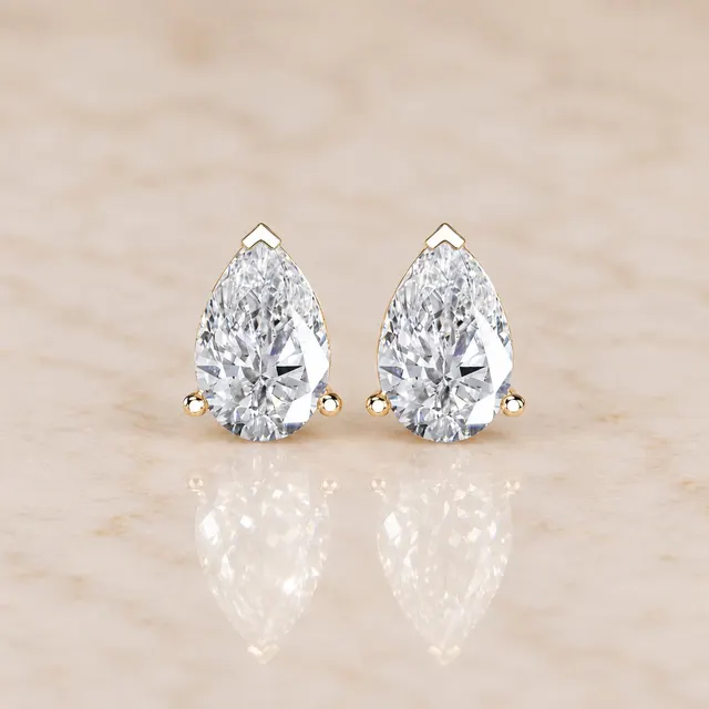 Pear Lab Grown Diamond Stud Earrings Three Prong 14K Rose Gold IGI Certified 2 Carat
