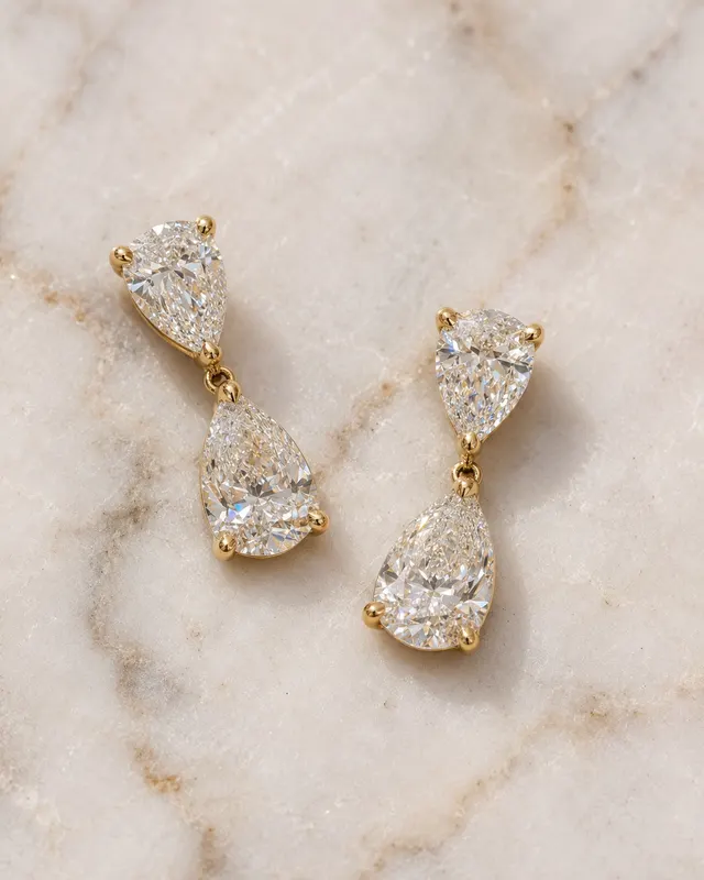 Pear Lab Grown Diamond Dangle Drop Earrings – Double Drop 14K Yellow Gold – IGI Certified E VVS2