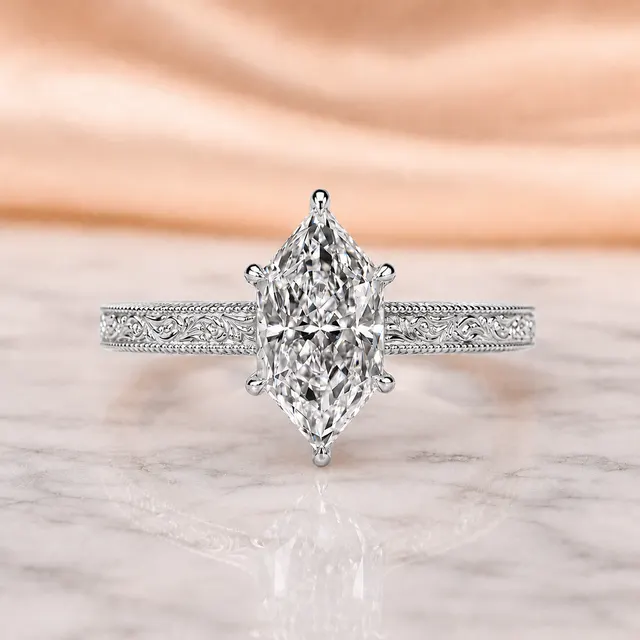 Dutch Marquise Lab Grown Diamond Engagement Ring Vintage Etched Solitaire 14K White Gold IGI Certified 3 Carat E VVS2 