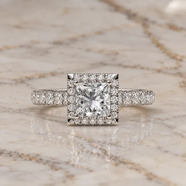 Princess Lab Grown Diamond Engagement Ring Cathedral Halo 14K White Gold Pave Band