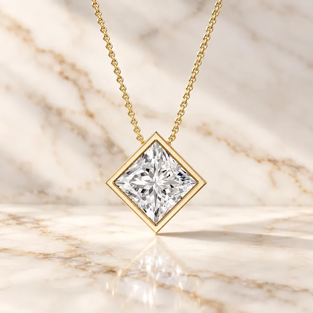 Princess Cut Lab Diamond Pendant Necklace Bezel Solitaire 14K Gold IGI Certified E VVS2