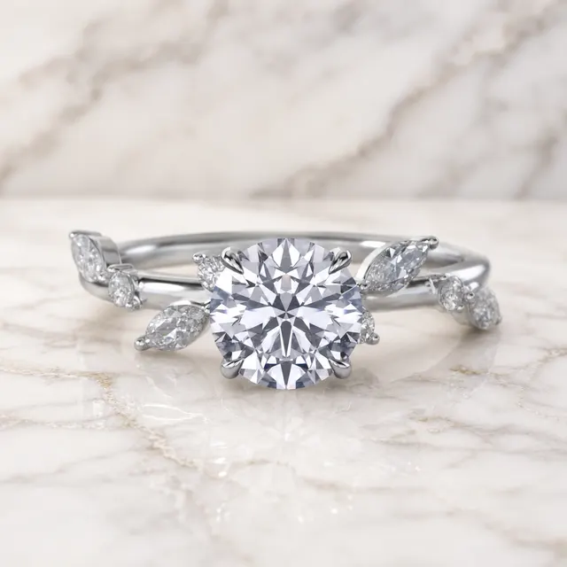 Round Lab Grown Diamond Engagement Ring Marquise Side Stone 14K White Gold IGI Certified 1 Carat