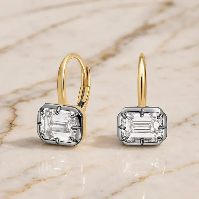 Emerald Cut Lab Grown Diamond Drop Earrings Bezel Set 14K Yellow Gold 2ct Lever Back
