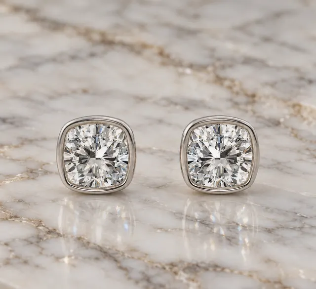 Cushion Lab Grown Diamond Stud Earrings Bezel Solitaire Platinum IGI Certified E VVS2