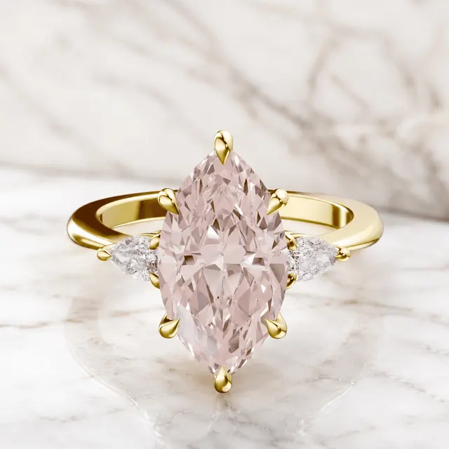 Pink Marquise Lab Grown Diamond Engagement Ring Three Stone 14K Yellow Gold Pear Side Stones