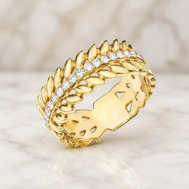 Round Lab Grown Diamond Wreath Ring Pavé Laurel 14K Yellow Gold Statement Band - alternate view