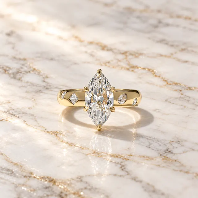 Marquise Lab Grown Diamond Engagement Ring Scattered Solitaire 14K Yellow Gold E VVS2