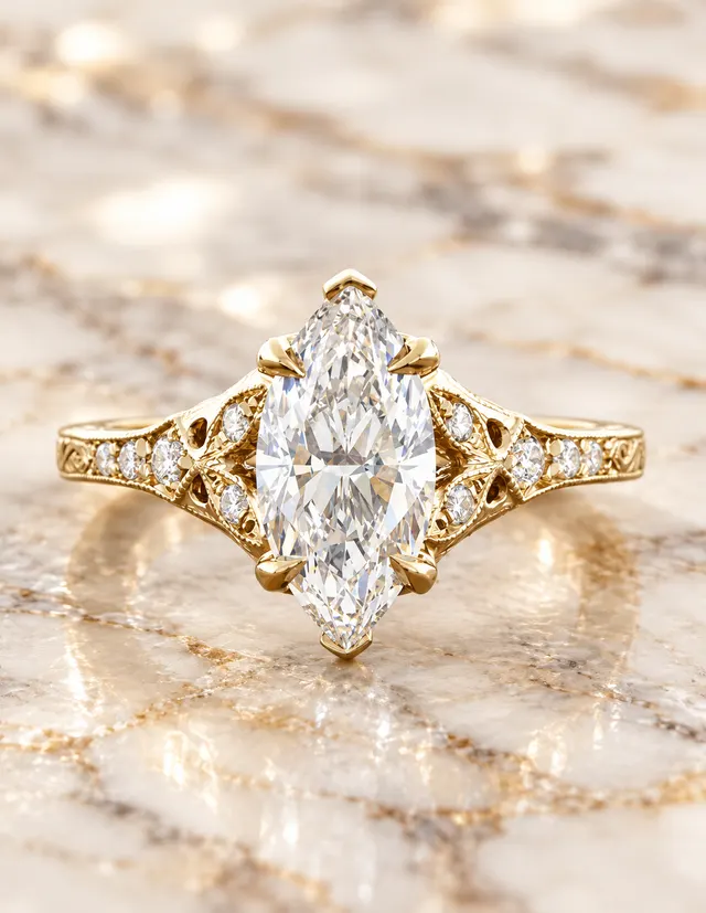 Marquise Lab Grown Diamond Engagement Ring Vintage Split-Shank 14K Yellow Gold E VVS2 1.5 Carat