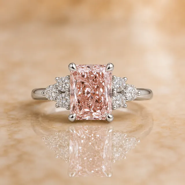 Fancy Vivid Pink Radiant Lab Grown Diamond Engagement Ring Three Stone 18K White Gold  IGI Certified 3.30 Carat