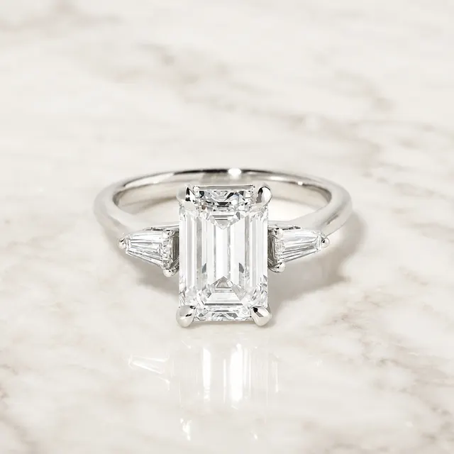 Emerald Cut Lab Grown Diamond Engagement Ring Three Stone 14K White Gold Tapered Baguette,  E VVS2