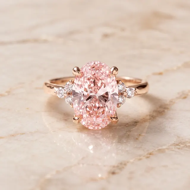 Pink Oval Lab Grown Diamond Engagement Ring Accent Cluster 14K Rose Gold IGI Certified 3.46 Carat