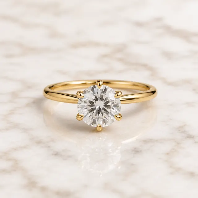 Round Lab Grown Diamond Engagement Ring Petal Prong Solitaire 14K Gold Lotus Crown Setting