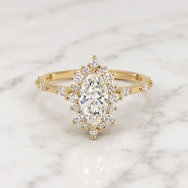 Marquise Lab Grown Diamond Engagement Ring  Vintage Alternating Halo Solid Gold E VVS2 Accent Diamonds