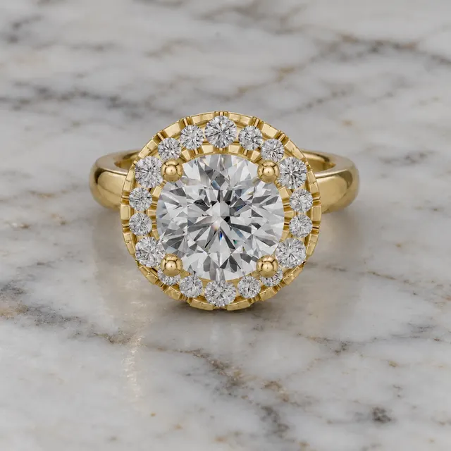 Round Lab Grown Diamond Engagement Ring Vintage Halo 18K Yellow Gold IGI Certified