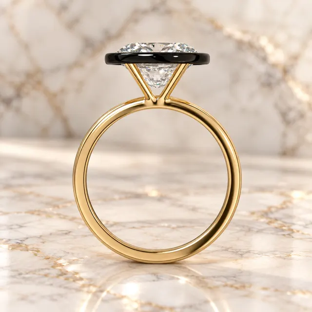 East West Oval Lab Grown Diamond Engagement Ring Blackened Bezel 14K Yellow Gold Solitaire Setting - alternate view