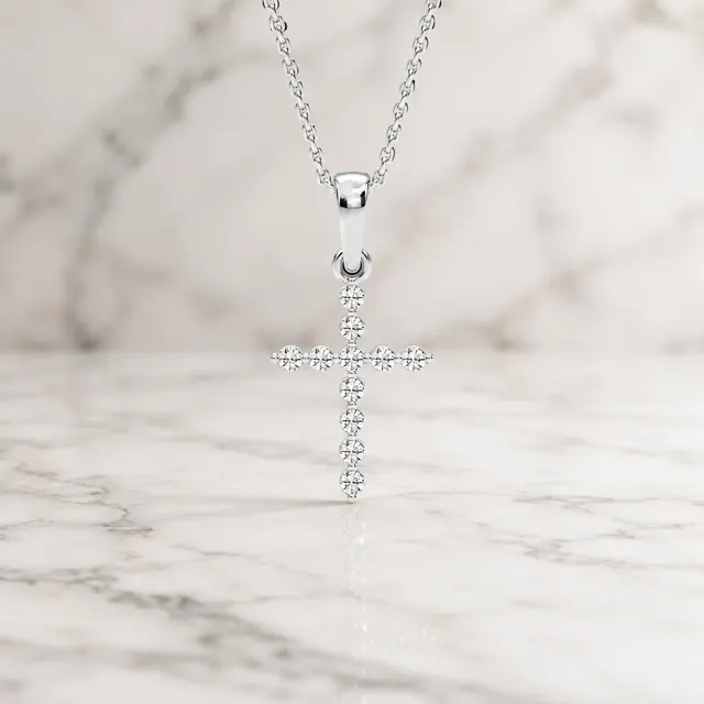 Round Lab Grown Diamond Cross Pendant Necklace Shared Prong 14K White Gold 