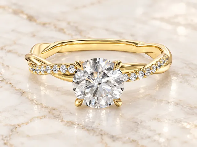 Round Lab Grown Diamond Engagement Ring Twisted Vine Band 14K Yellow IGI Certified