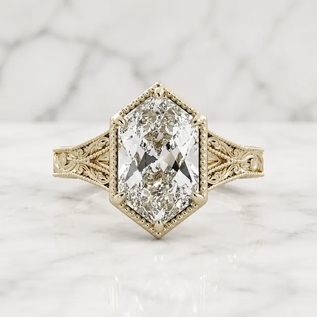 Duchess Cut Lab Grown Diamond Engagement Ring Split Shank 14K Yellow Gold Milgrain Bezel