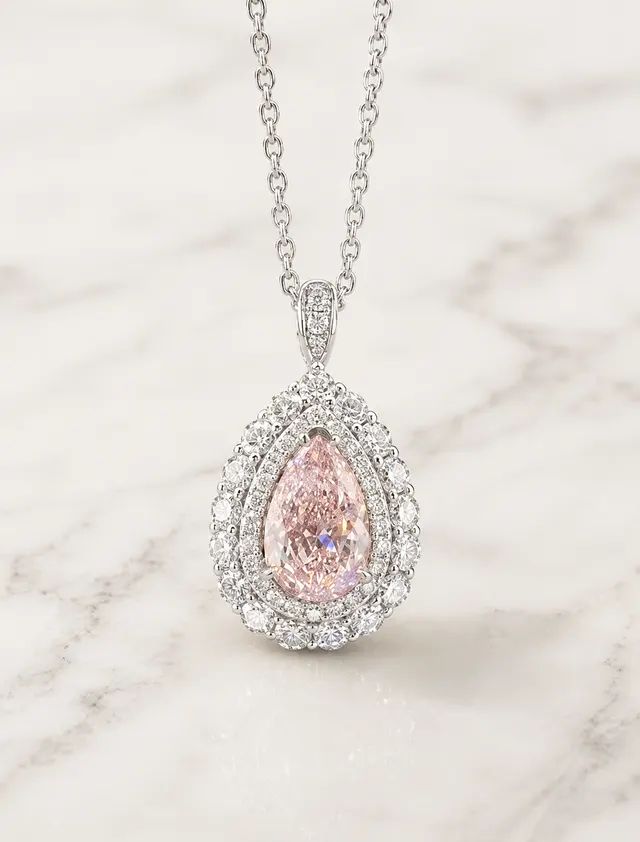 Pink Pear Lab Grown Diamond Pendant Necklace Double Halo 14K White Gold Pavé Bail for Her