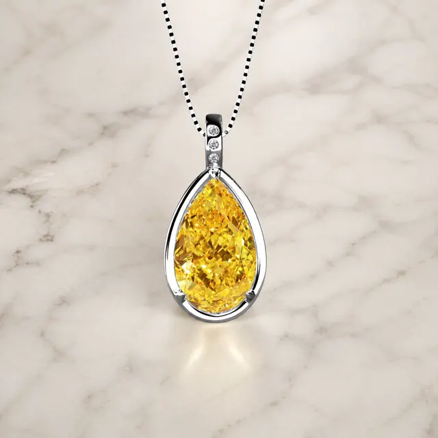 Yellow Pear Lab Diamond Pendant Necklace, 14K White Gold Bezel Solitaire (IGI Certified)