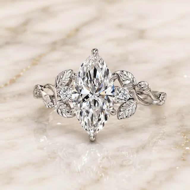 Marquise Lab Grown Diamond Engagement Ring Three Stone 14K White Gold Nature-Inspired Leaf Setting