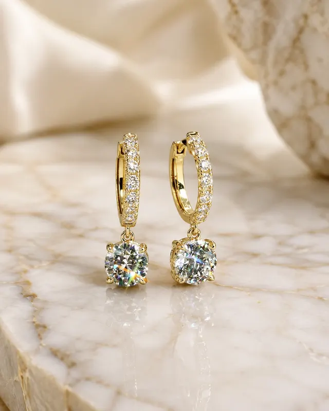Round Lab Grown Diamond Drop Hoop Earrings Pavé Dangle 14K Yellow Gold 2ct E Color VVS2