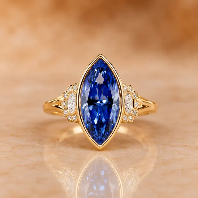 Marquise Lab Grown Blue Sapphire Engagement Ring Diamond Halo Bezel 14K Yellow Gold Split Shank