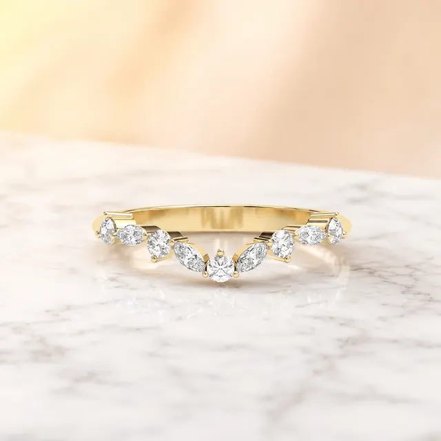 Lab Grown Diamond Contour Wedding Band Pave 14K Yellow Gold  Alternating Marquise Round, IGI Certified