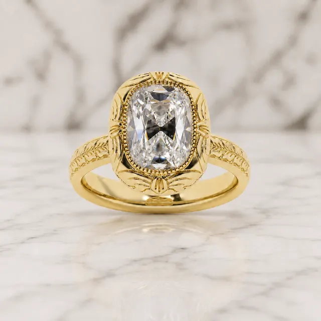 Elongated Cushion Lab Grown Diamond Engagement Ring Vintage Bezel Solitaire 14K Yellow Gold IGI Certified 2 Carat