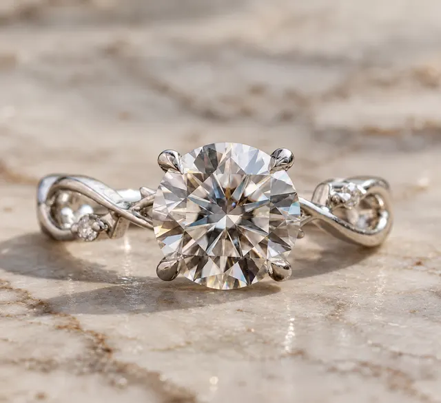 Round Engagement Ring Twisted Vine Shank 14K White Gold Colorless VVS2