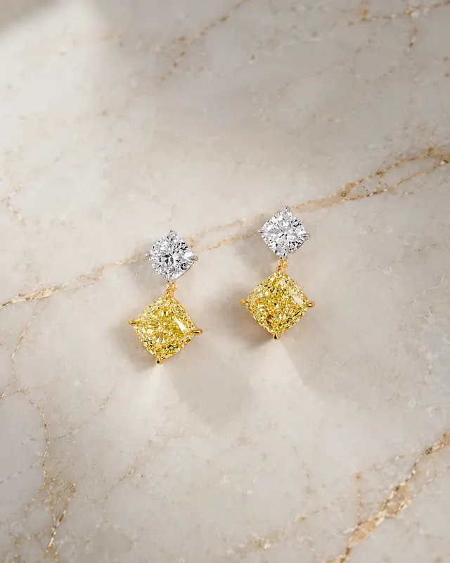 Cushion Lab Grown Diamond Drop Earrings Two Stone 14K White & Yellow Gold – IGI Certified 6 Carat