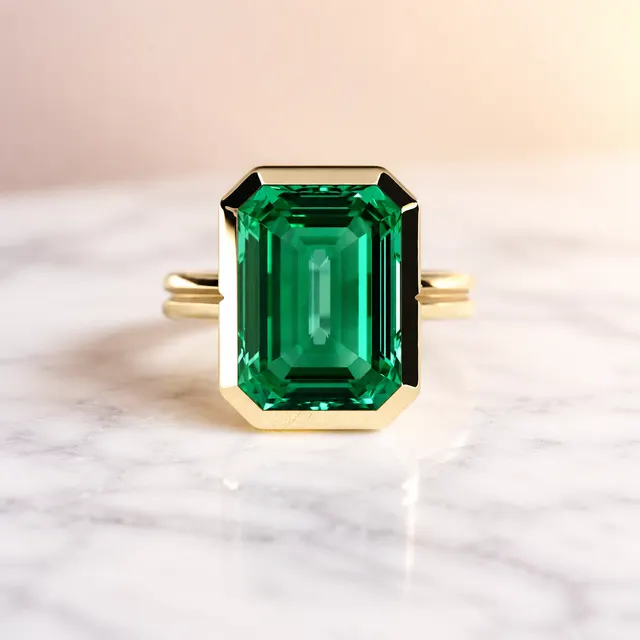 Emerald Cut Lab Grown Colombian Emerald Ring Solitaire Partial Bezel 14K Yellow Gold 2 Carat