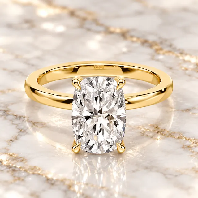 Cushion Lab Grown Diamond Engagement Ring Hidden Halo Solitaire 14K Yellow Gold VVS2 E