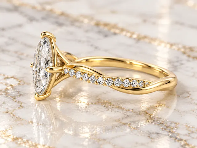 Marquise Lab Diamond Engagement Ring Twisted Vine Pave Band 14K Yellow Gold Solitaire - alternate view