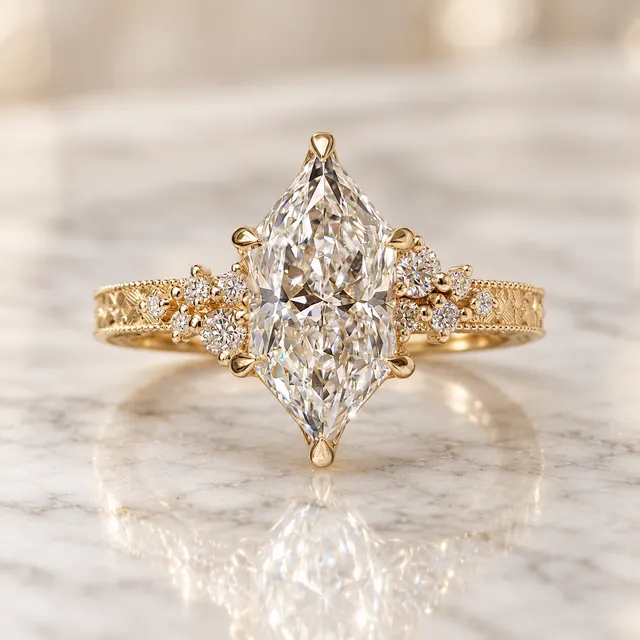 Marquise Lab Grown Diamond Engagement Ring Vintage Tulip 14K Yellow Gold IGI Certified 