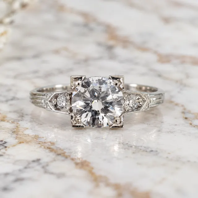 Round Lab Grown Diamond Engagement Ring Art Deco Three Stone 14K Gold E VVS2