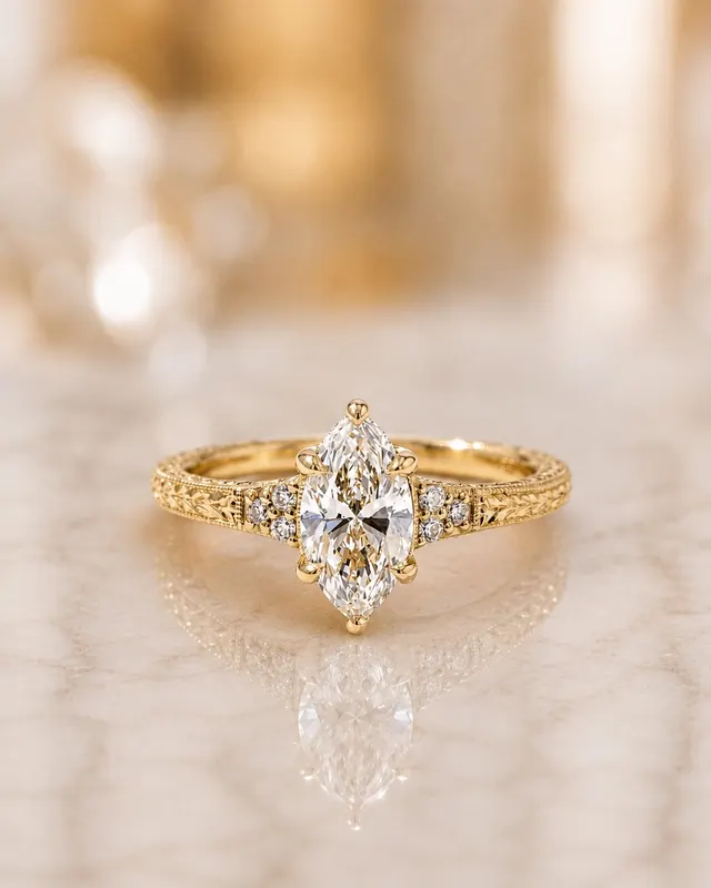Marquise Lab Grown Diamond Engagement Ring  Vintage Hand-Engraved 14K Yellow Gold  IGI Certified 1ct E-VVS2
