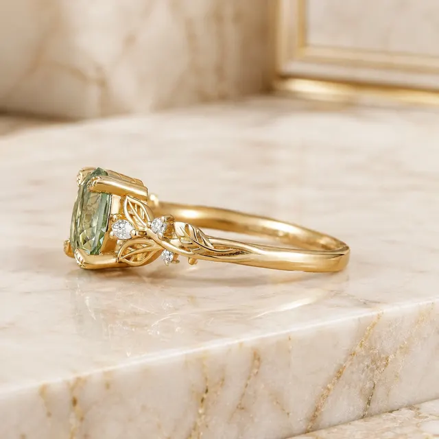 Oval Green Sapphire Engagement Ring Leaf & Vine 14K Yellow Gold Nature Inspired Diamond Accents - alternate view
