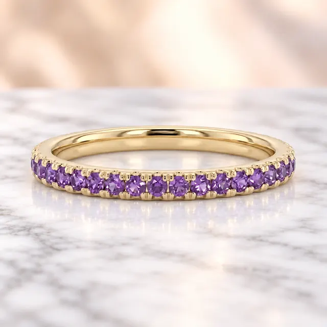 Amethyst Lab Grown Diamond Pave Wedding Band Prong-Set 14K Yellow Gold Stackable Ring for Her