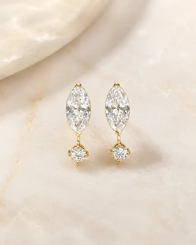 Marquise Lab Grown Diamond Earrings Round Accent Jacket 14K Yellow Gold Studs for Her